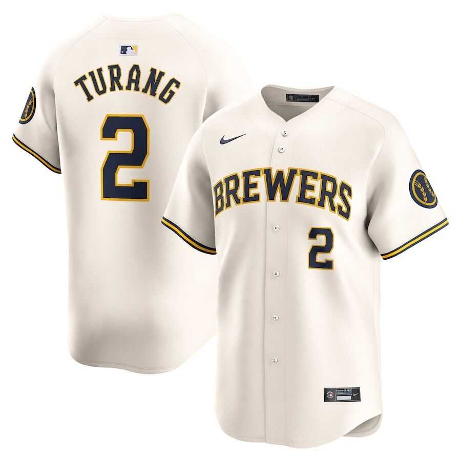 Men%27s Milwaukee Brewers #2 Brice Turang Nike Cream MLB Limited Jersey